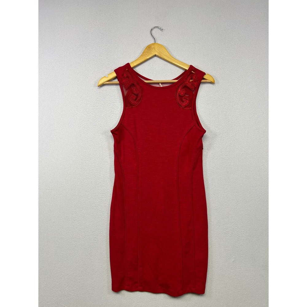 Boho Chic Free People Womens Small Red Embroidered Mesh Back Bodycon Mini Dress
